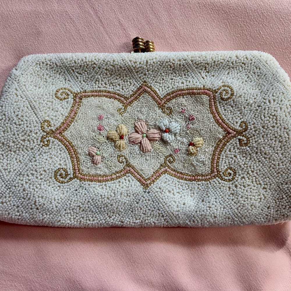 Vintage French Floral Hand Beaded Embroidered Clutch Purse in Cream/Gold/Pink